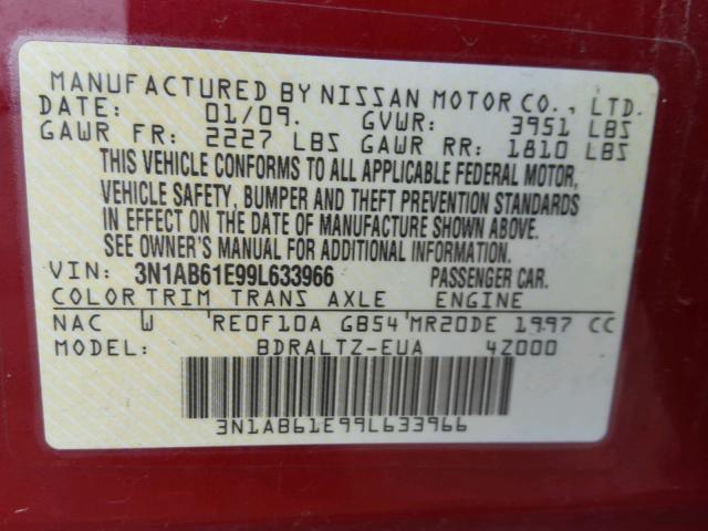 3N1AB61E99L633966 - 2009 NISSAN SENTRA 2.0 MAROON photo 10