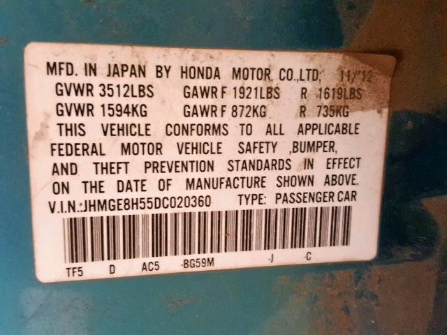 JHMGE8H55DC020360 - 2013 HONDA FIT SPORT GREEN photo 10