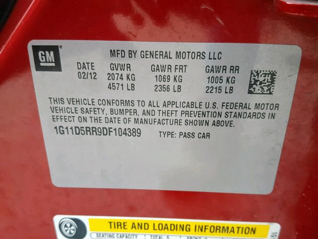 1G11D5RR9DF104389 - 2013 CHEVROLET MALIBU 1LT 红色 照片 10