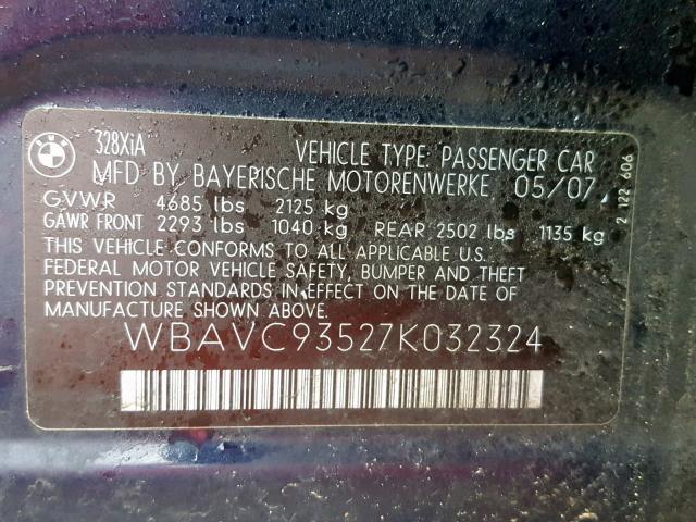 WBAVC93527K032324 - 2007 BMW 328 XI BLUE photo 10