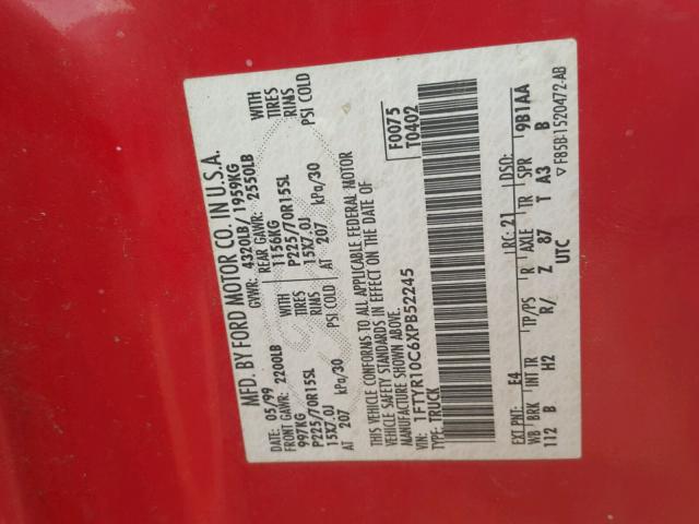 1FTYR10C6XPB52245 - 1999 FORD RANGER RED photo 10