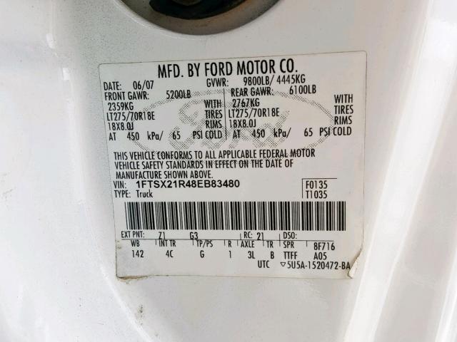 1FTSX21R48EB83480 - 2008 FORD F250 SUPER WHITE photo 10