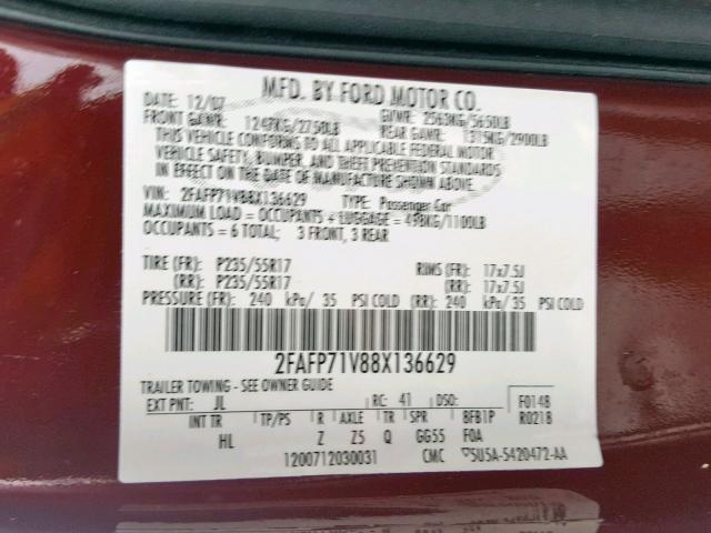 2FAFP71V88X136629 - 2008 FORD CROWN VICT BURGUNDY photo 10