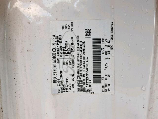 1FTYR10D04PB01456 - 2004 FORD RANGER WHITE photo 10