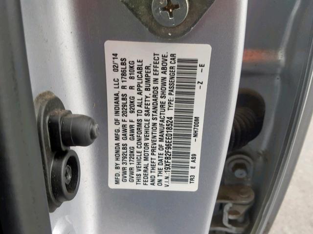 19XFB2F96EE018524 - 2014 HONDA CIVIC EXL SILVER photo 10