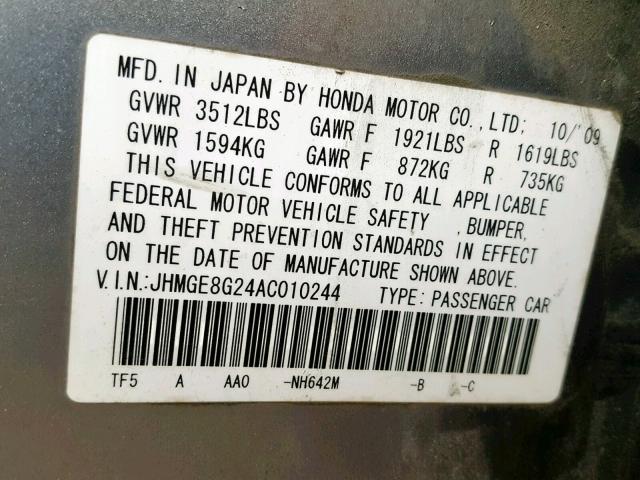 JHMGE8G24AC010244 - 2010 HONDA FIT SILVER photo 10