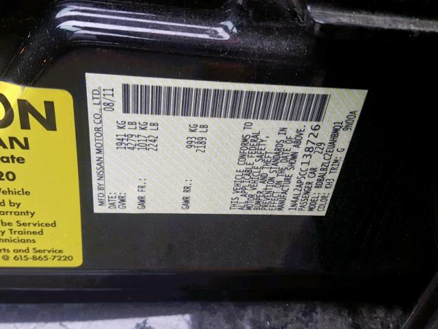 1N4AL2AP5CC138726 - 2012 NISSAN ALTIMA BAS BLACK photo 10