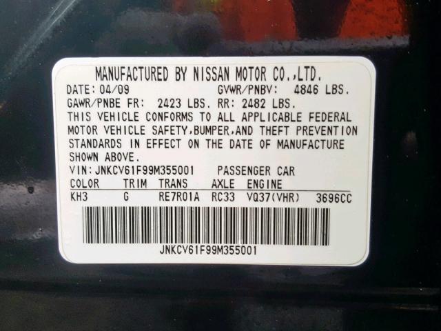 JNKCV61F99M355001 - 2009 INFINITI G37 BLACK photo 10