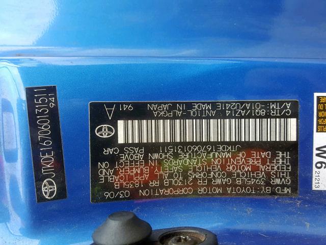 JTKDE167060131511 - 2006 TOYOTA SCION TC BLUE photo 10