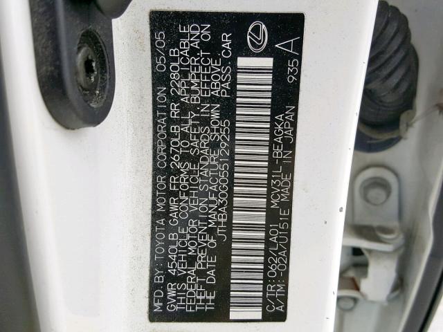 JTHBA30G055129255 - 2005 LEXUS ES 330 WHITE photo 10