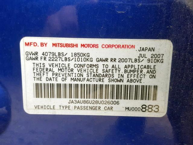 JA3AU86U28U026006 - 2008 MITSUBISHI LANCER GTS BLUE photo 10