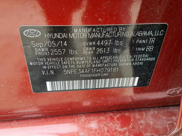 5NPE34AF1FH079181 - 2015 HYUNDAI SONATA SPO RED photo 10