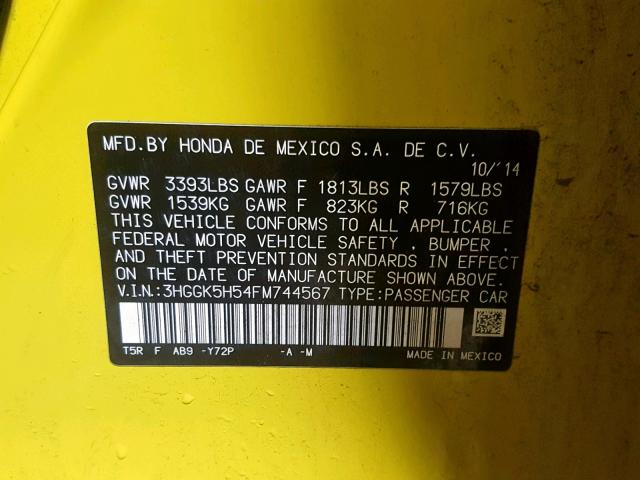 3HGGK5H54FM744567 - 2015 HONDA FIT LX YELLOW photo 10