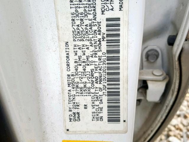 JTJGF10U120139110 - 2002 LEXUS RX 300 WHITE photo 10