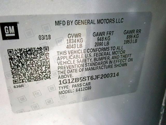 1G1ZB5ST6JF200314 - 2018 CHEVROLET MALIBU LS SILVER photo 10