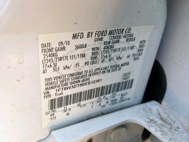 1FT8W3DT8BEB12381 - 2011 FORD F350 SUPER WHITE photo 10