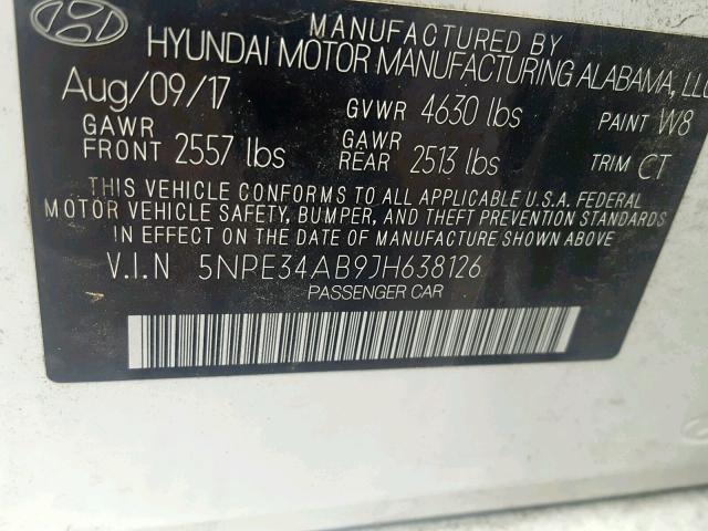 5NPE34AB9JH638126 - 2018 HYUNDAI SONATA SPO WHITE photo 10