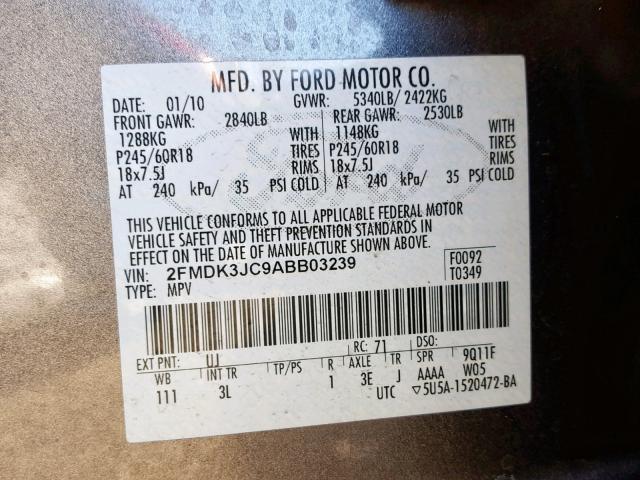 2FMDK3JC9ABB03239 - 2010 FORD EDGE SEL GRAY photo 10