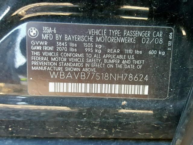 WBAVB77518NH78624 - 2008 BMW 335 I BLACK photo 10