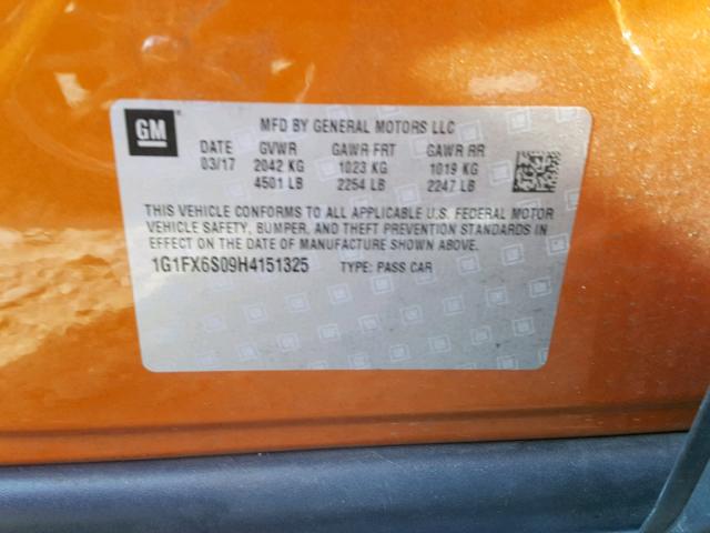 1G1FX6S09H4151325 - 2017 CHEVROLET BOLT EV PR ORANGE photo 10