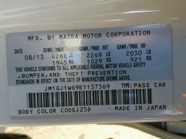 JM1GJ1W69E1137369 - 2014 MAZDA 6 GRAND TO WHITE photo 10