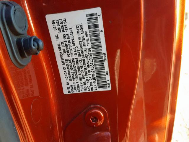 5J6YH28534L009734 - 2004 HONDA ELEMENT EX ORANGE photo 10