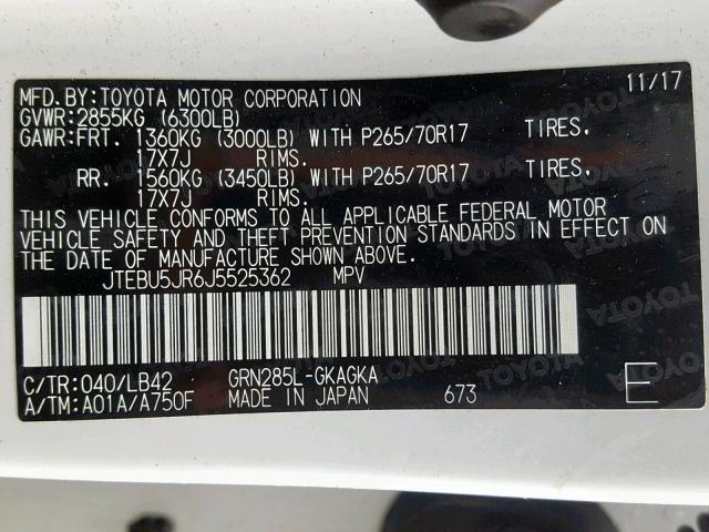 JTEBU5JR6J5525362 - 2018 TOYOTA 4RUNNER SR WHITE photo 10