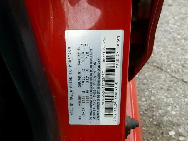 JM1BJ245631133027 - 2003 MAZDA PROTEGE PR RED photo 10