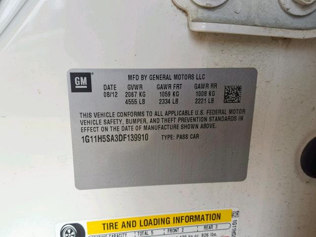 1G11H5SA3DF139910 - 2013 CHEVROLET MALIBU LTZ თეთრი ფოტო 10