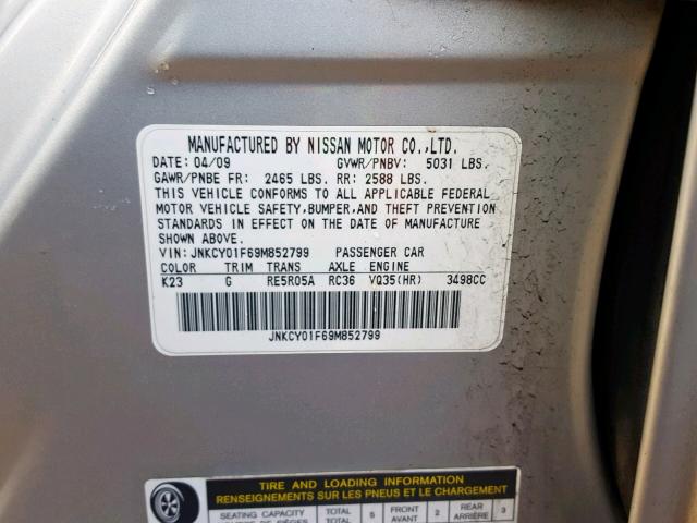 JNKCY01F69M852799 - 2009 INFINITI M35 BASE SILVER photo 10