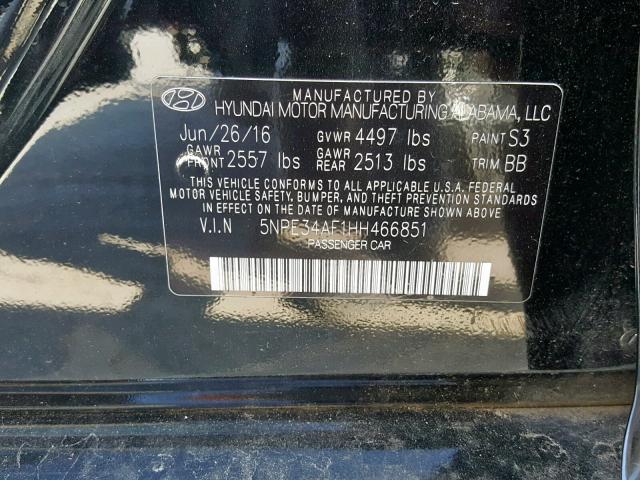 5NPE34AF1HH466851 - 2017 HYUNDAI SONATA SPO BLACK photo 10