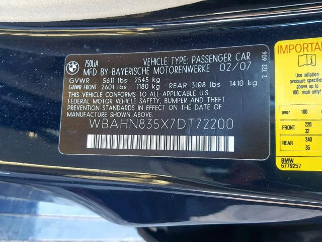 WBAHN835X7DT72200 - 2007 BMW 750 BLUE photo 10