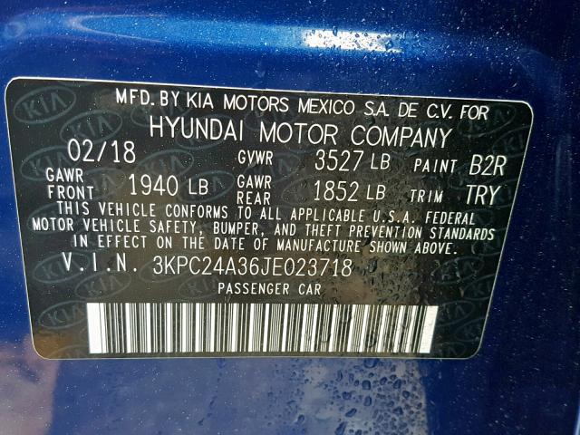 3KPC24A36JE023718 - 2018 HYUNDAI ACCENT SEL BLUE photo 10