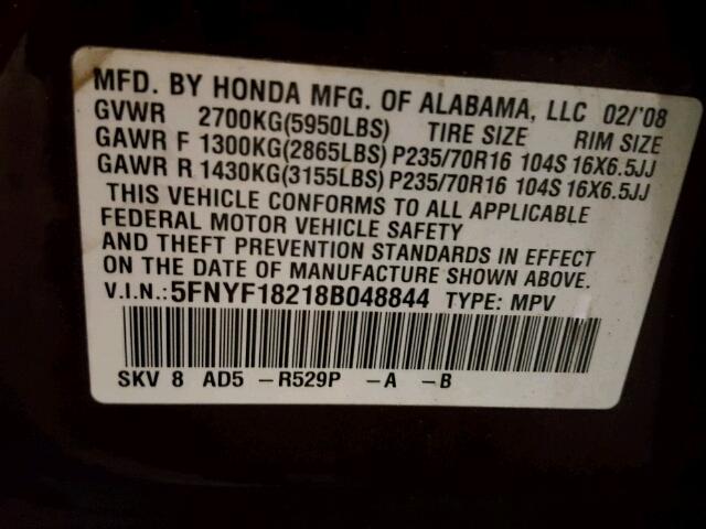 5FNYF18218B048844 - 2008 HONDA PILOT VP RED photo 10