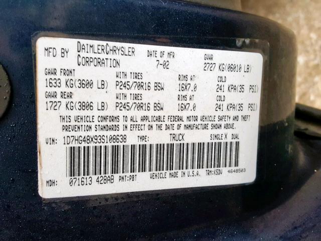 1D7HG48X93S108638 - 2003 DODGE DAKOTA QUA BLUE photo 10