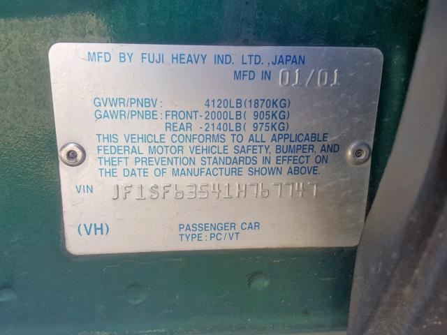 JF1SF63541H767747 - 2001 SUBARU FORESTER L GREEN photo 10