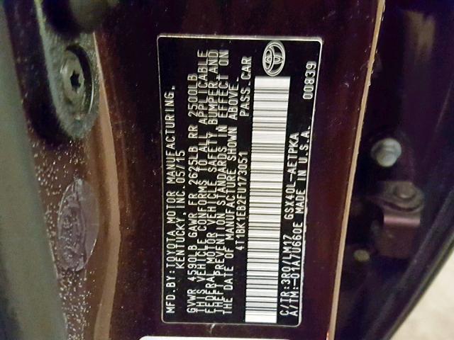 4T1BK1EB2FU173051 - 2015 TOYOTA AVALON XLE BURGUNDY photo 10