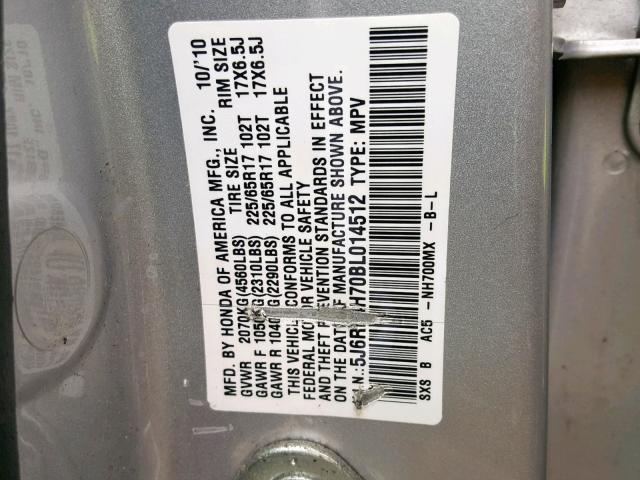 5J6RE4H70BL014512 - 2011 HONDA CR-V EXL SILVER photo 10