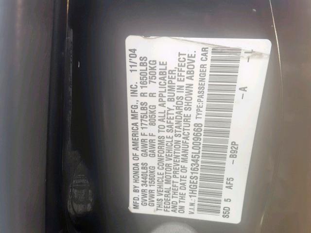 1HGES16345L009668 - 2005 HONDA CIVIC DX V BLACK photo 10