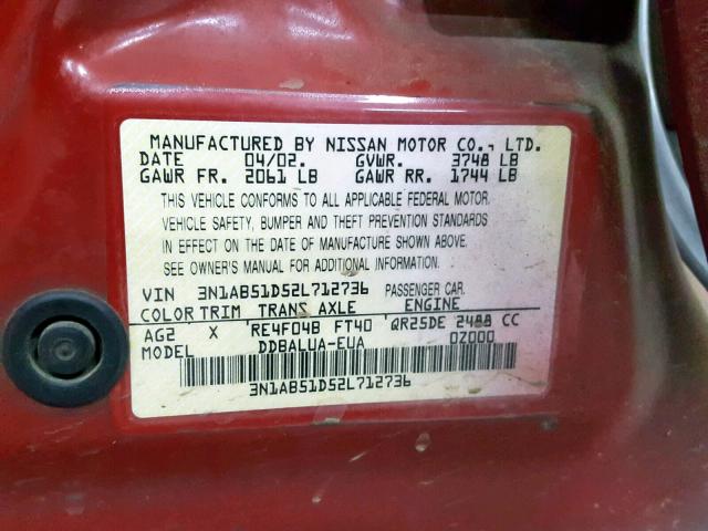 3N1AB51D52L712736 - 2002 NISSAN SENTRA SE- RED photo 10