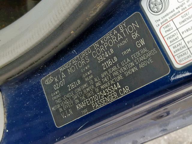 KNAFE121075435344 - 2007 KIA SPECTRA EX BLUE photo 10