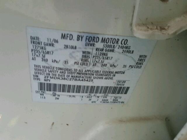 2FMDK38C27BA45425 - 2007 FORD EDGE SEL WHITE photo 10