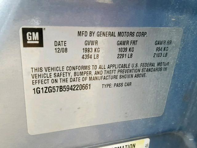 1G1ZG57B594220661 - 2009 CHEVROLET MALIBU LS ლურჯი ფოტო 10