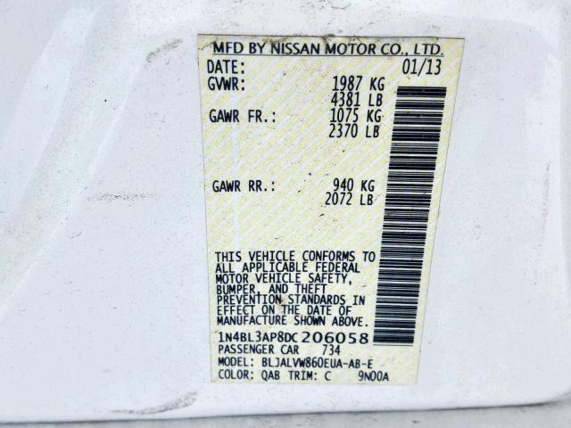 1N4BL3AP8DC206058 - 2013 NISSAN ALTIMA 3.5 WHITE photo 10