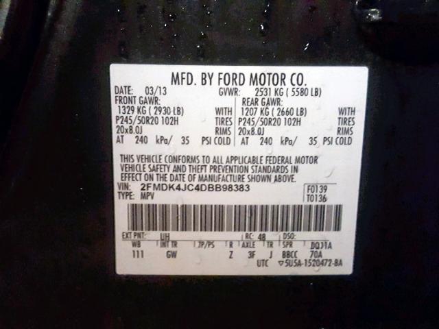 2FMDK4JC4DBB98383 - 2013 FORD EDGE SEL BLACK photo 10