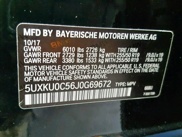 5UXKU0C56J0G69672 - 2018 BMW X6 SDRIVE3 BLACK photo 10