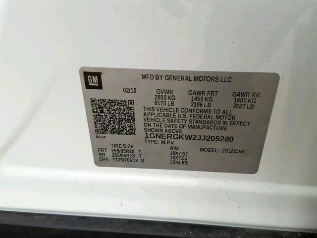 1GNERGKW2JJ205280 - 2018 CHEVROLET TRAVERSE L WHITE photo 10