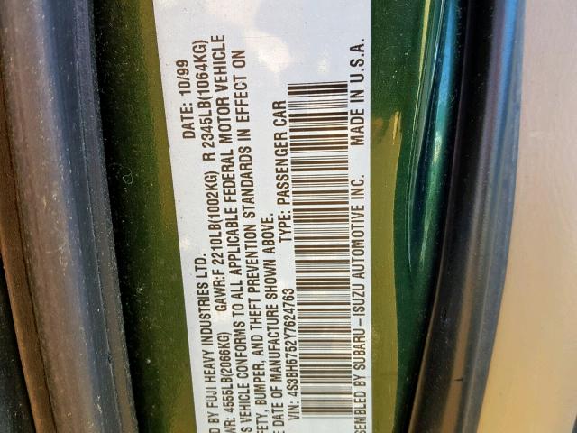 4S3BH6752Y7624763 - 2000 SUBARU LEGACY OUT GREEN photo 10