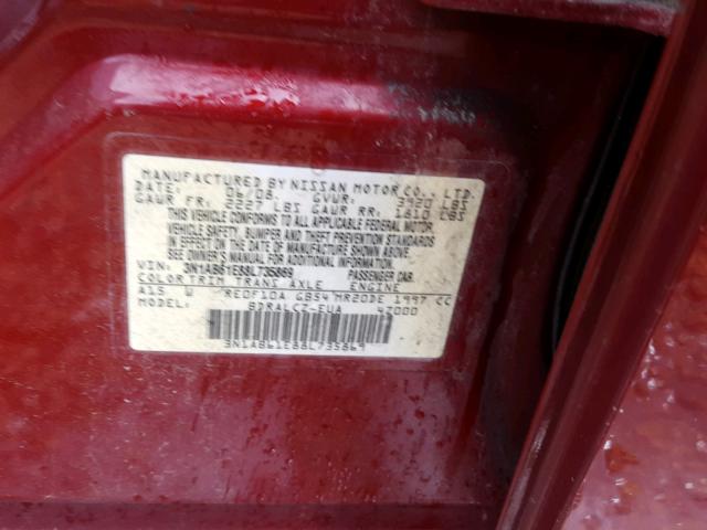 3N1AB61E88L735869 - 2008 NISSAN SENTRA 2.0 MAROON photo 10