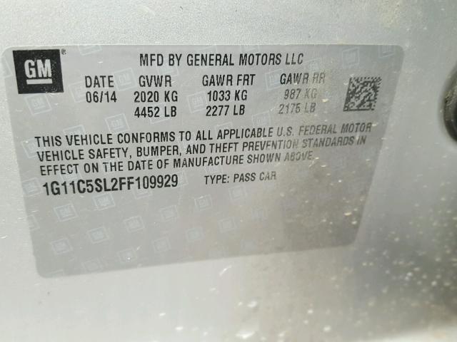 1G11C5SL2FF109929 - 2015 CHEVROLET MALIBU 1LT 银色 照片 10